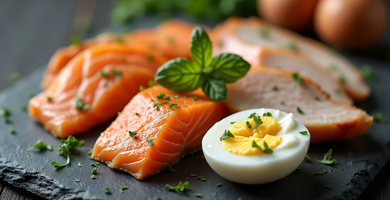 Assortiment d'aliments riches en protéines adaptés aux besoins des seniors