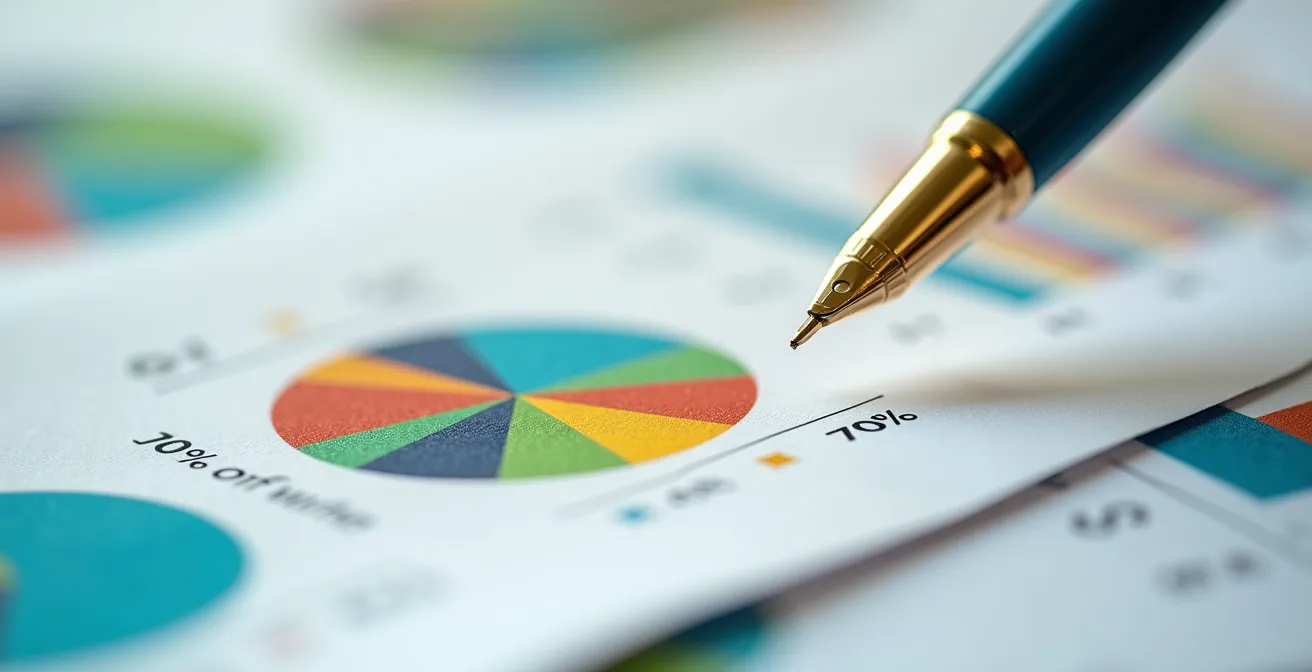 Vue macro d'un document d'allocation d'actifs avec graphiques colorés et calculatrice