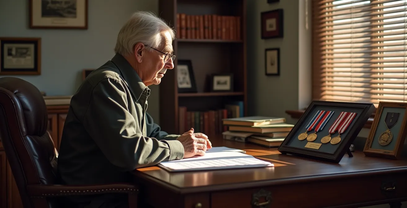 Homme âgé examinant des documents officiels dans un bureau avec médailles militaires en arrière-plan