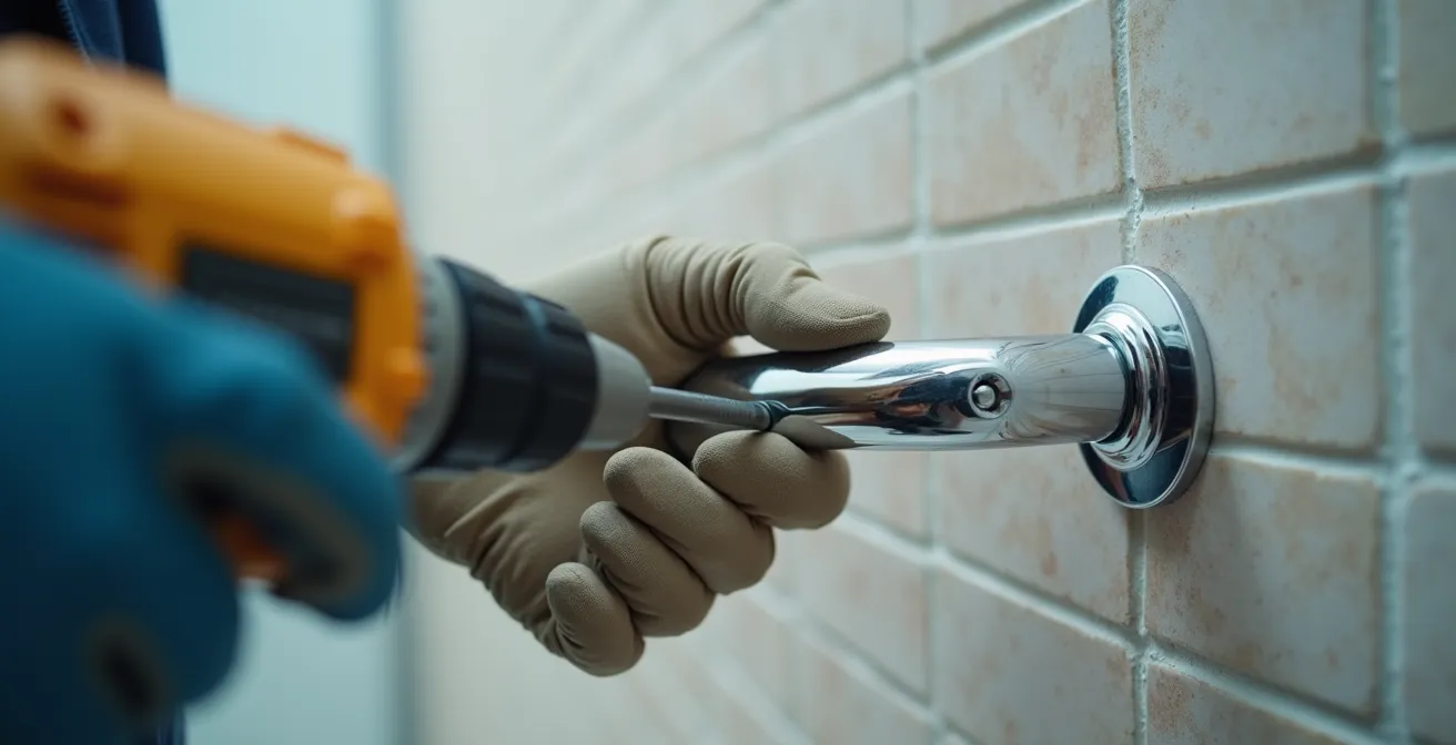 Artisan professionnel installant une barre d'appui dans une douche adaptée pour senior