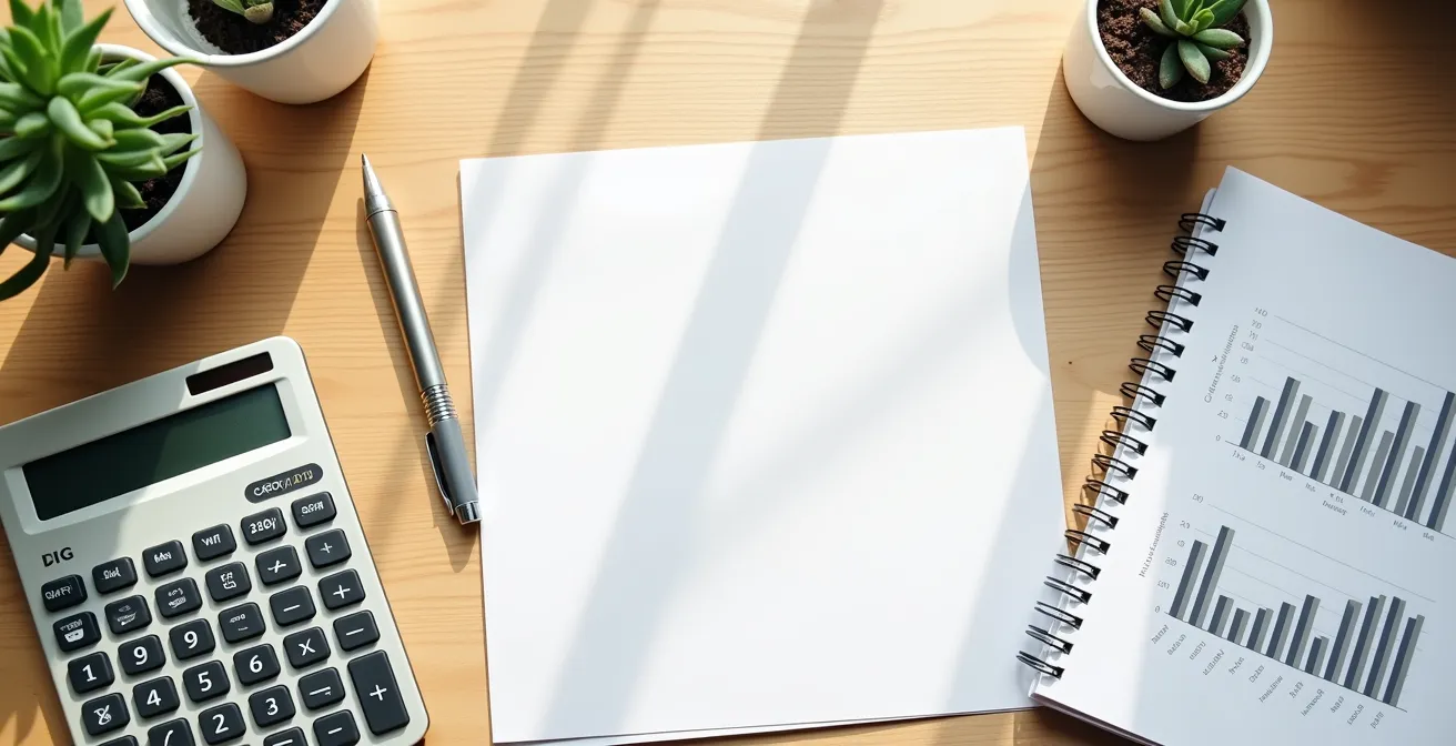 Bureau avec calculatrice, documents financiers et carnet de notes pour comparer les options