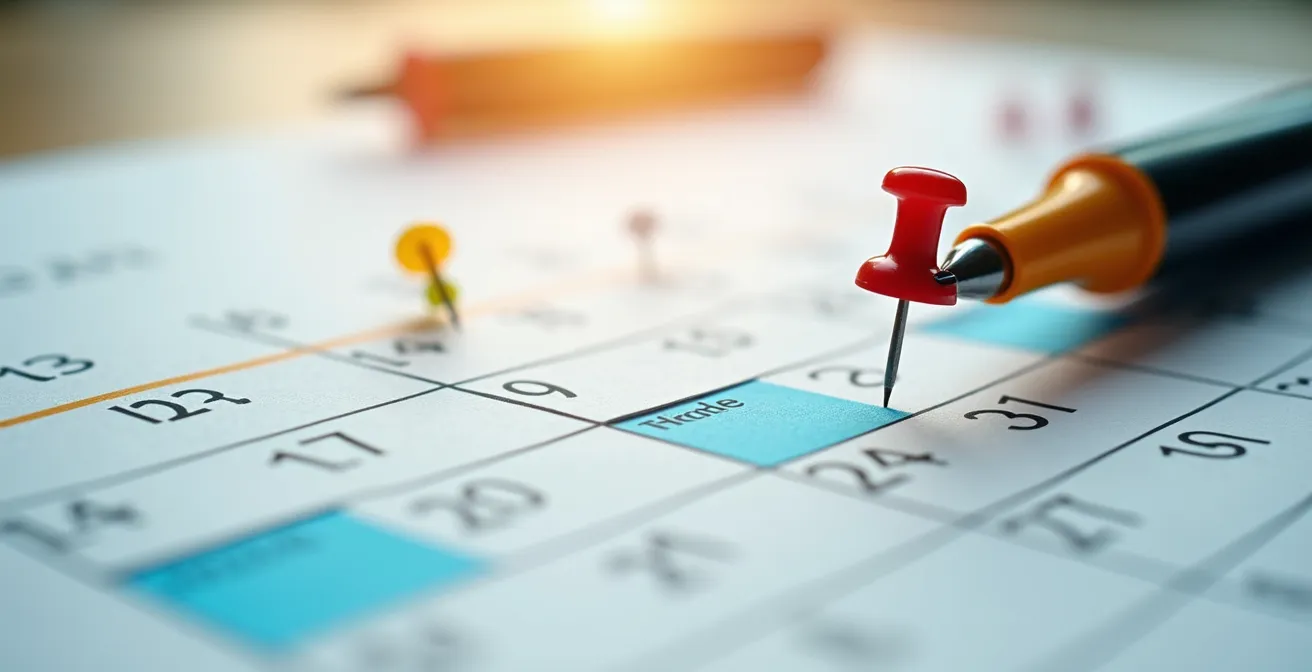 Vue macro d'un calendrier avec marqueurs colorés pour la planification des soins de santé