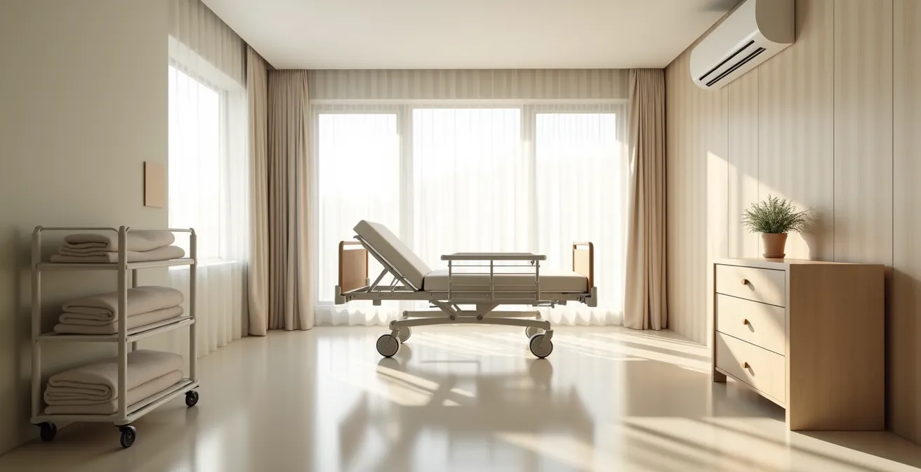Chambre aménagée avec lit médicalisé et équipements pour faciliter les soins infirmiers