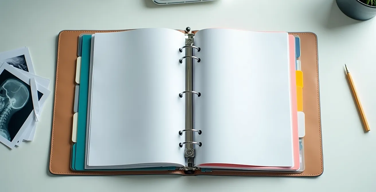 Classeur médical ouvert avec intercalaires colorés et pochettes transparentes sur un bureau bien organisé