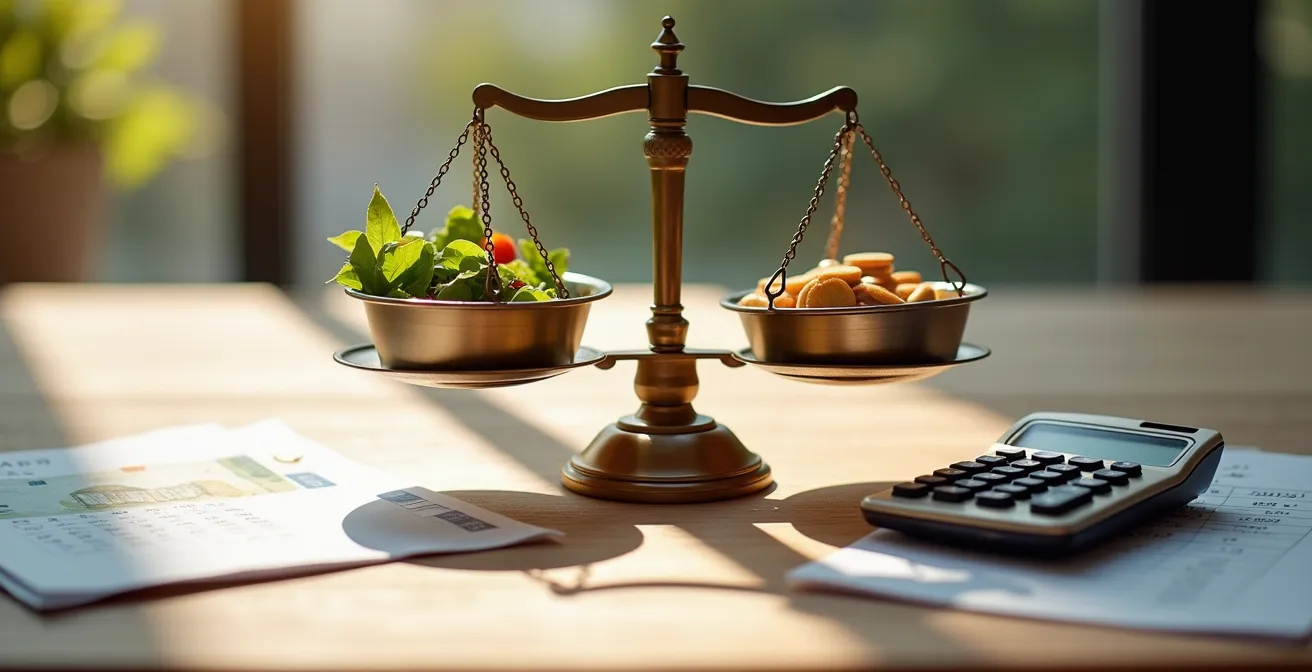 Calculatrice et documents financiers pour comparer les coûts de portage de repas