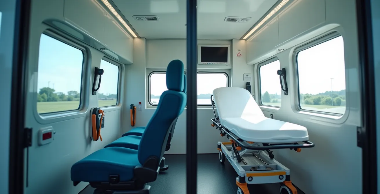 Vue comparative de l'intérieur d'un VSL et d'une ambulance montrant les équipements disponibles