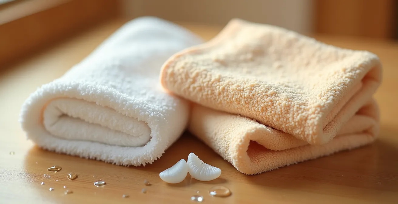 Nature morte montrant des textiles de toilette doux et des contenants de soins disposés avec élégance