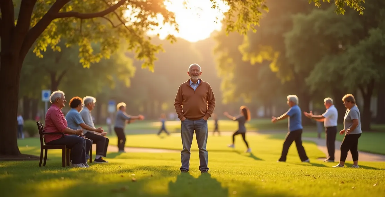 Deux groupes de seniors pratiquant yoga sur chaise et tai chi dans un parc