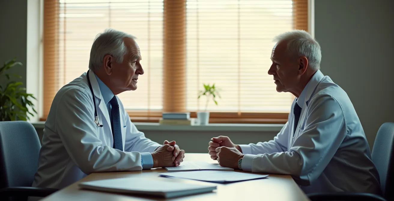 Patient senior en consultation médicale discutant des options de transport médical avec son médecin