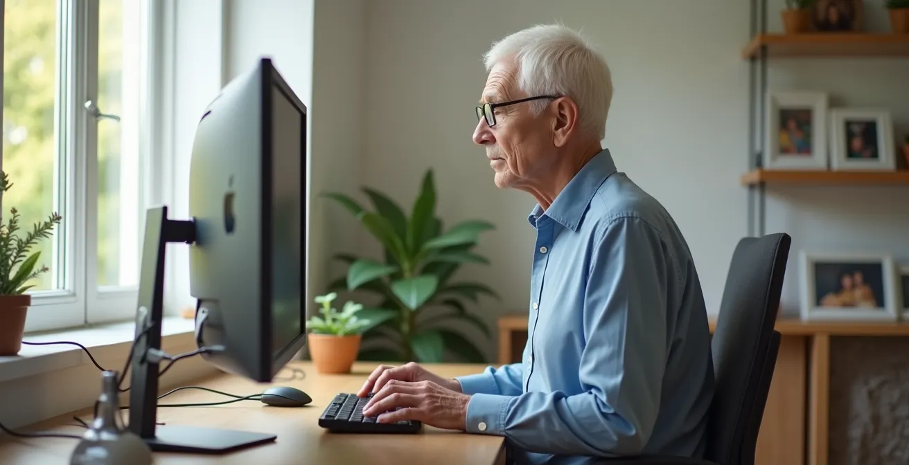 Senior déclarant son médecin traitant en ligne depuis son domicile