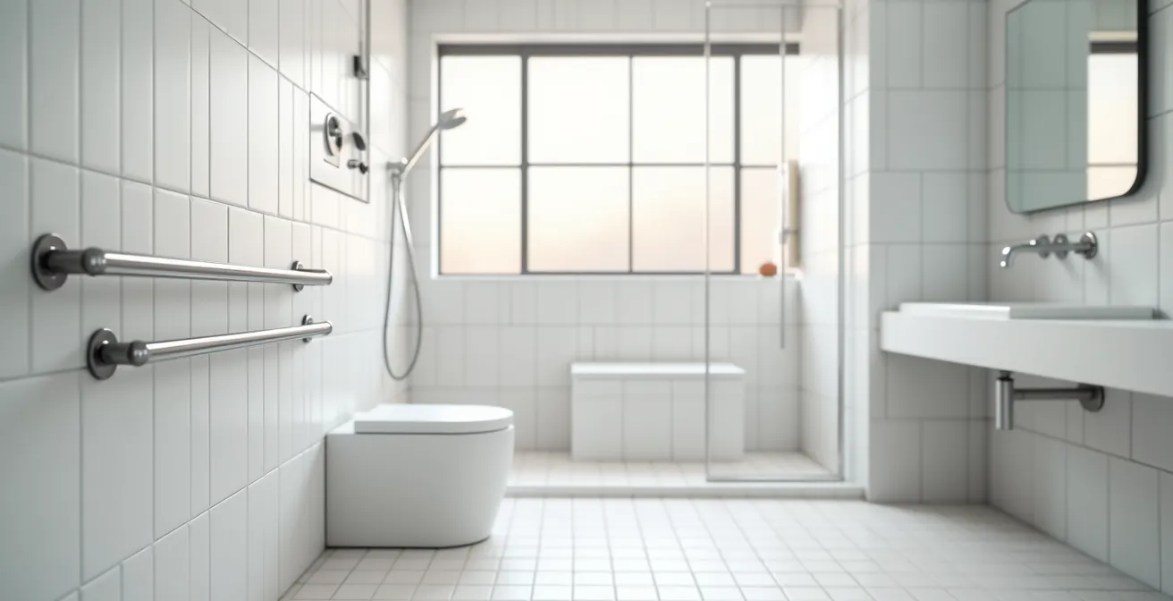 Salle de bain adaptée avec douche italienne de plain-pied et barres d'appui sécurisées
