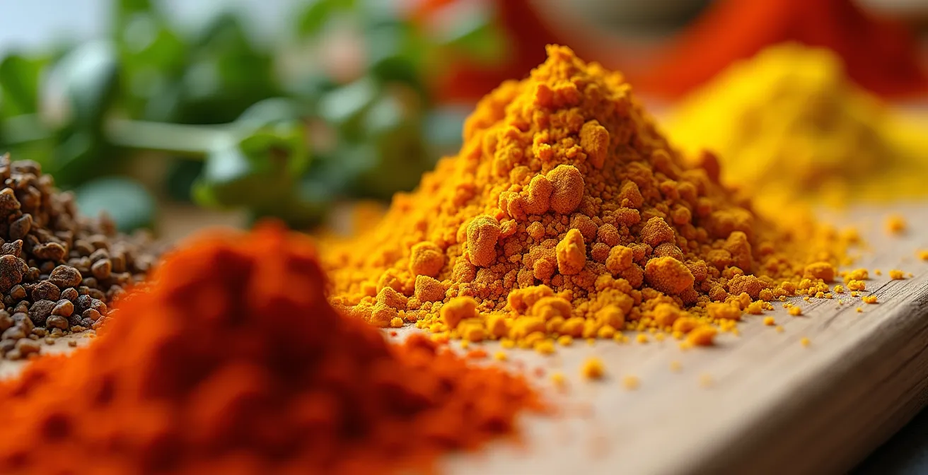Assortiment coloré d'épices et d'aromates frais sur une table de cuisine