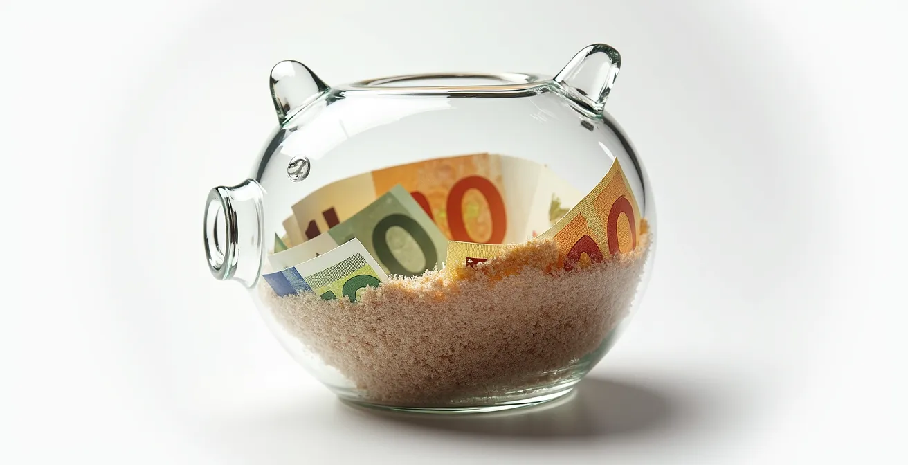 Tirelire transparente avec billets qui se transforment progressivement en poussière
