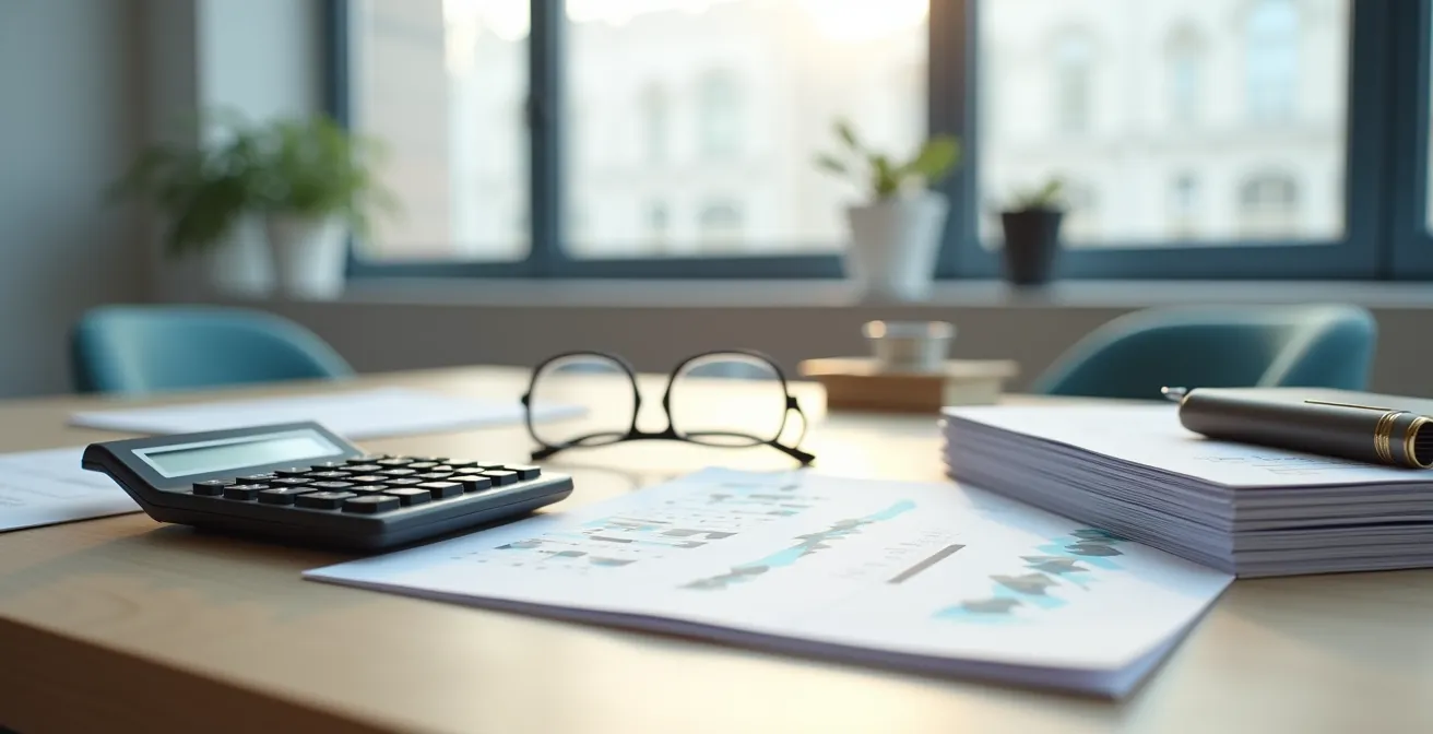 Calculatrice et documents financiers sur bureau avec lunettes de lecture
