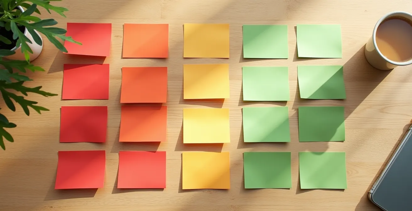 Vue aérienne d'une table avec des fiches colorées rouge et verte organisées méthodiquement