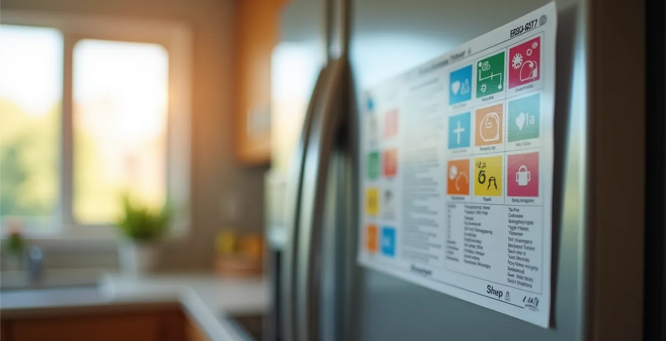 Gros plan sur une fiche d'urgence fixée sur un réfrigérateur avec des pictogrammes de sécurité
