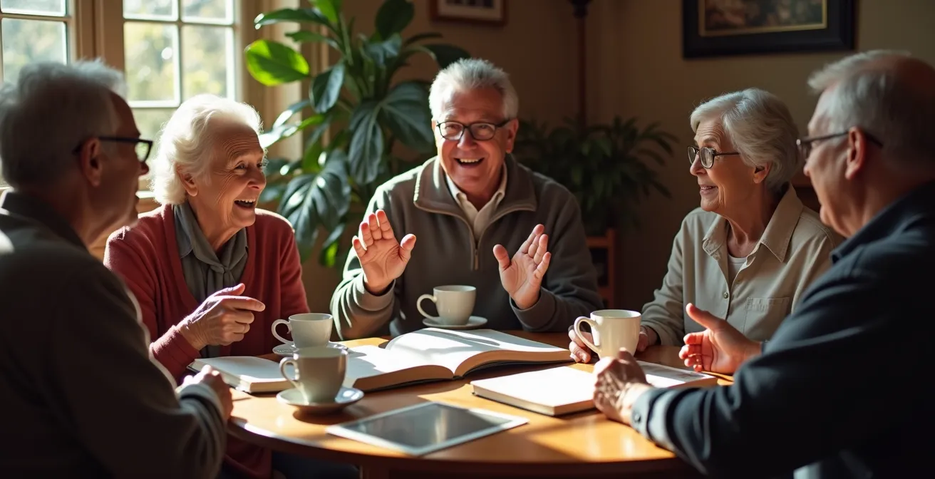Groupe de seniors échangeant autour de livres dans une ambiance chaleureuse