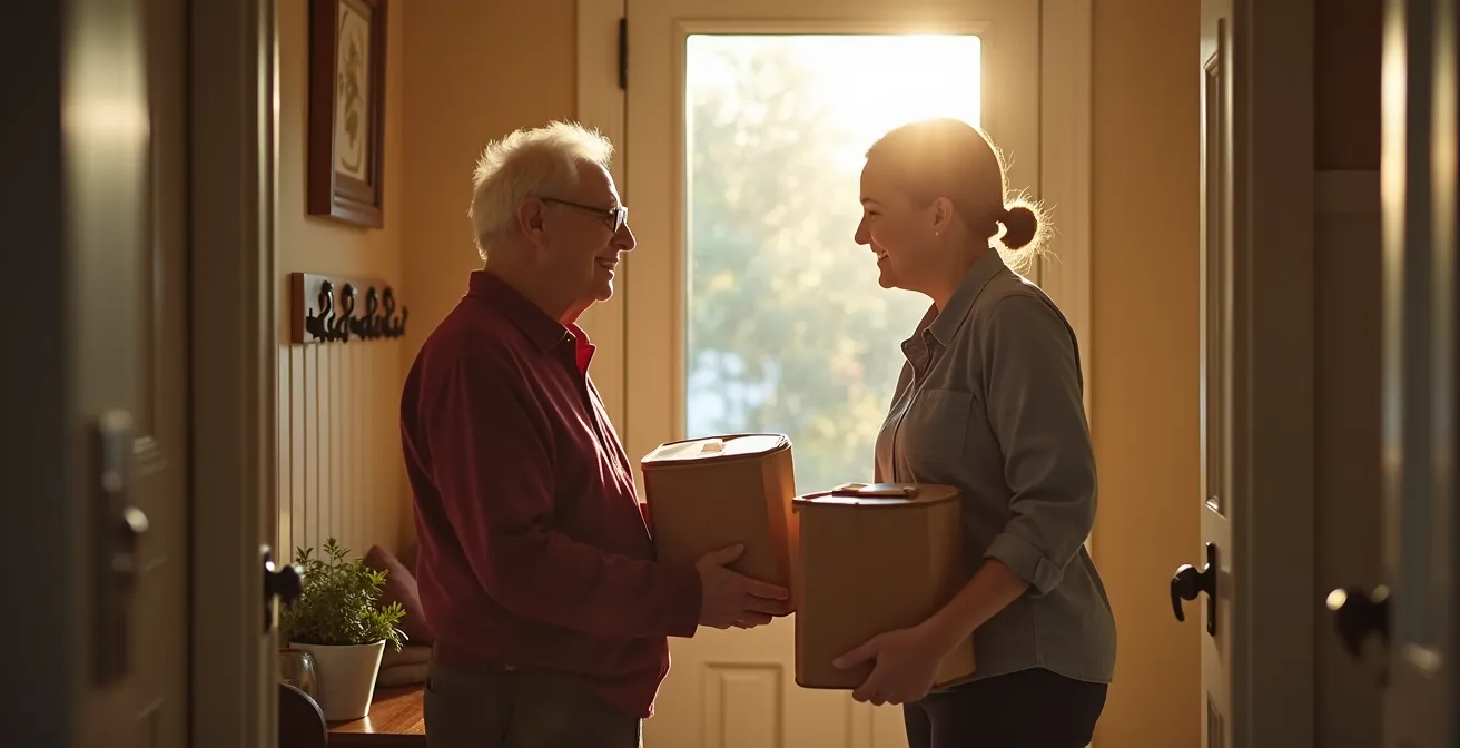 Moment d'échange chaleureux entre un livreur et une personne âgée à son domicile
