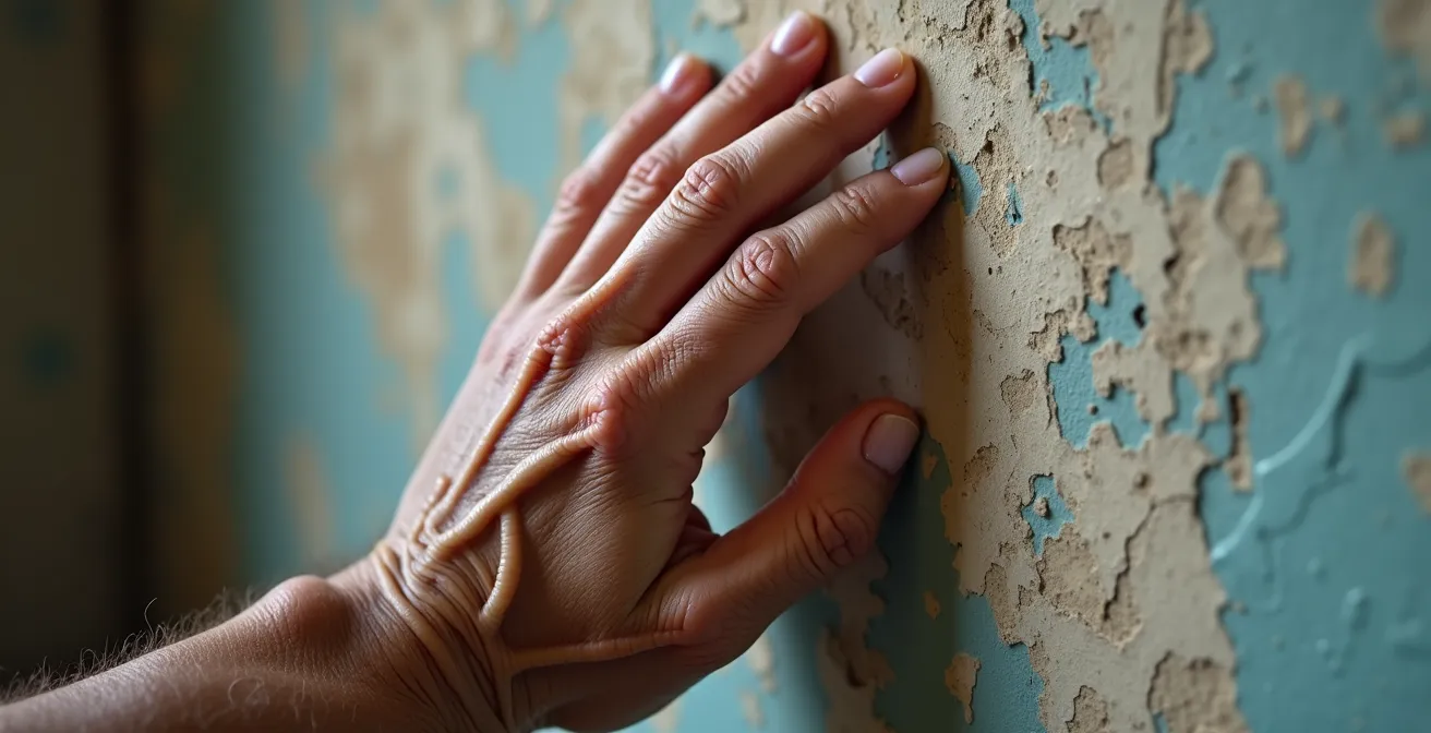 Gros plan sur une main âgée prenant appui contre un mur texturé