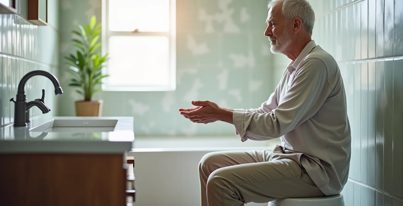 Vue de profil d'une personne âgée assise mesurant la hauteur idéale pour une barre d'appui