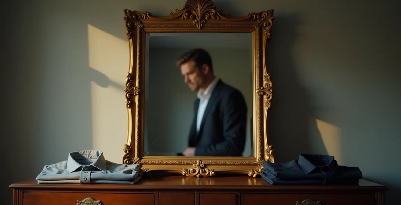 Reflet flou d'une personne dans un miroir ancien avec cadre doré, évoquant la transformation identitaire