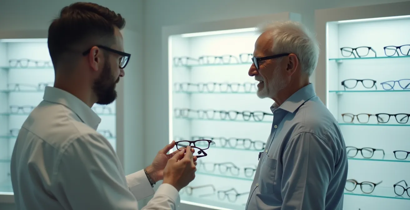 Opticien professionnel présentant des lunettes à un client senior dans un magasin d'optique moderne