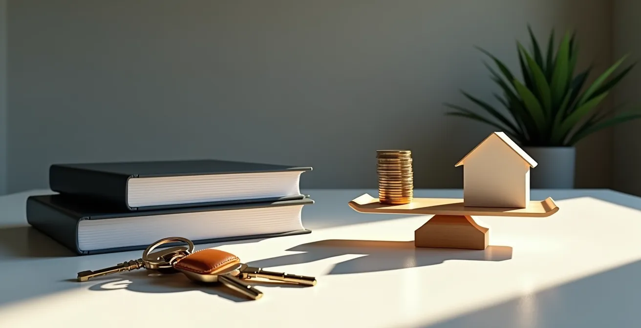 Bureau avec documents financiers et clés de maison disposés méthodiquement