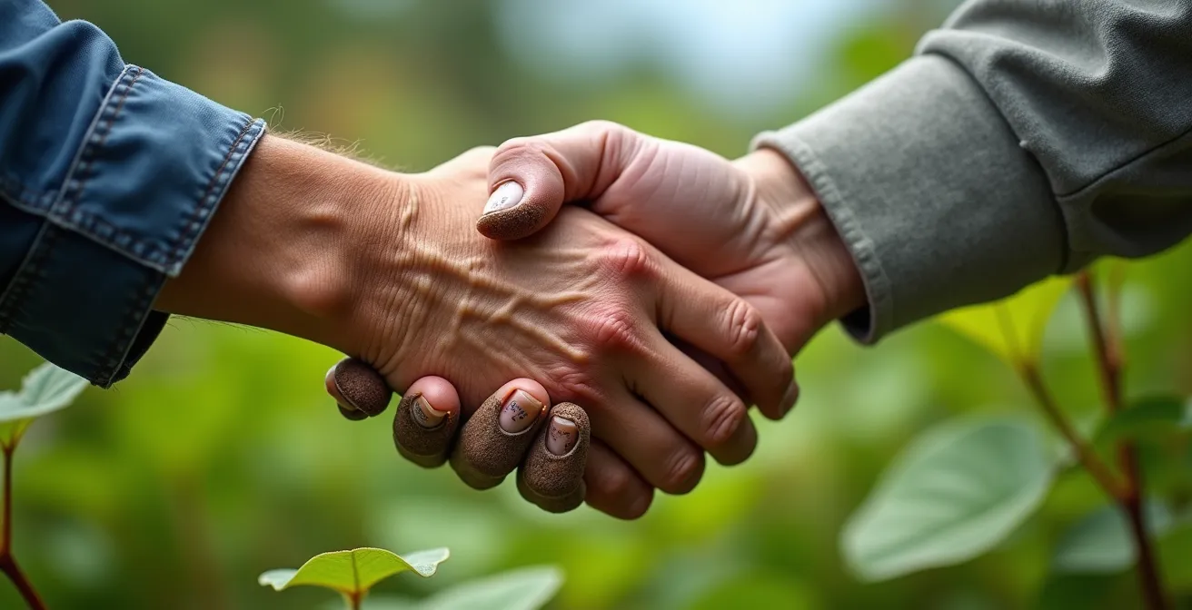 Poignée de main entre une personne âgée et un jardinier professionnel dans un jardin