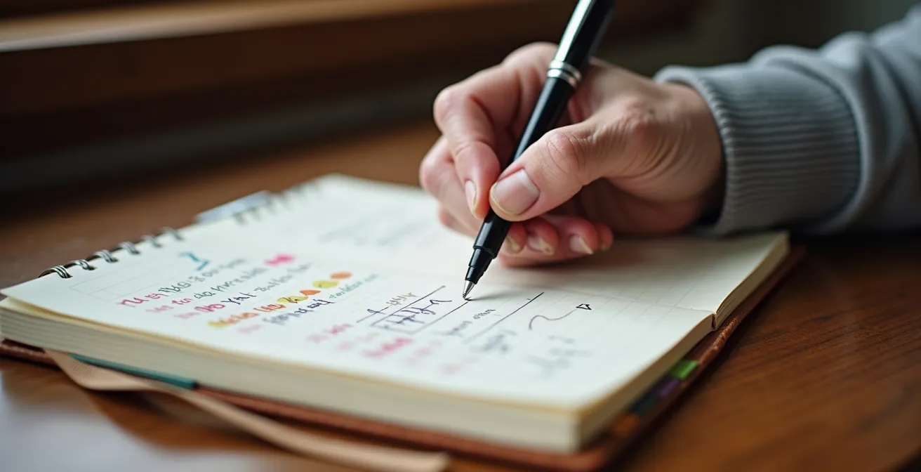 Main de senior tenant un carnet de santé avec des notes et un stylo