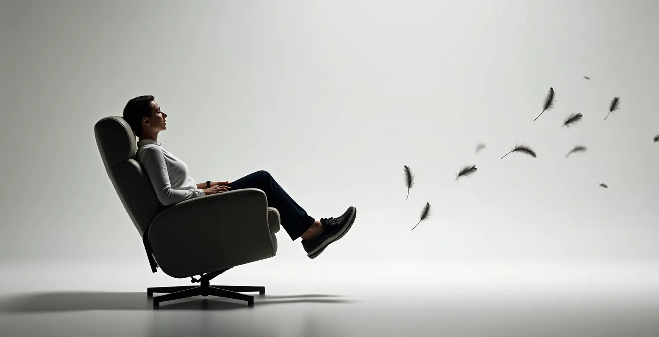 Vue latérale d'un fauteuil releveur en position zéro gravité montrant l'alignement parfait du corps
