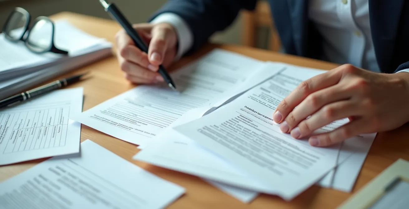 Vue en plongée de documents administratifs organisés sur une table en bois avec carte vitale et carte de mutuelle visibles