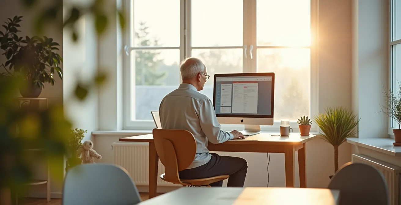 Senior consultant un annuaire santé sur un écran d'ordinateur dans un salon lumineux
