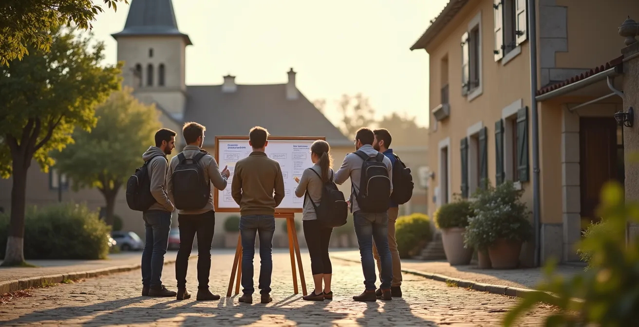 Groupe de bénévoles organisant un réseau de transport solidaire dans un village