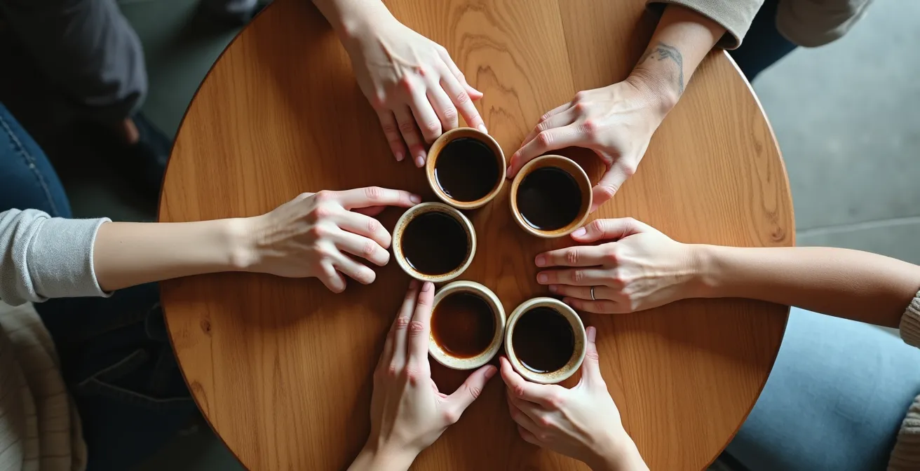 Vue aérienne d'une table de café avec plusieurs tasses et mains de personnes d'âges variés se rejoignant au centre