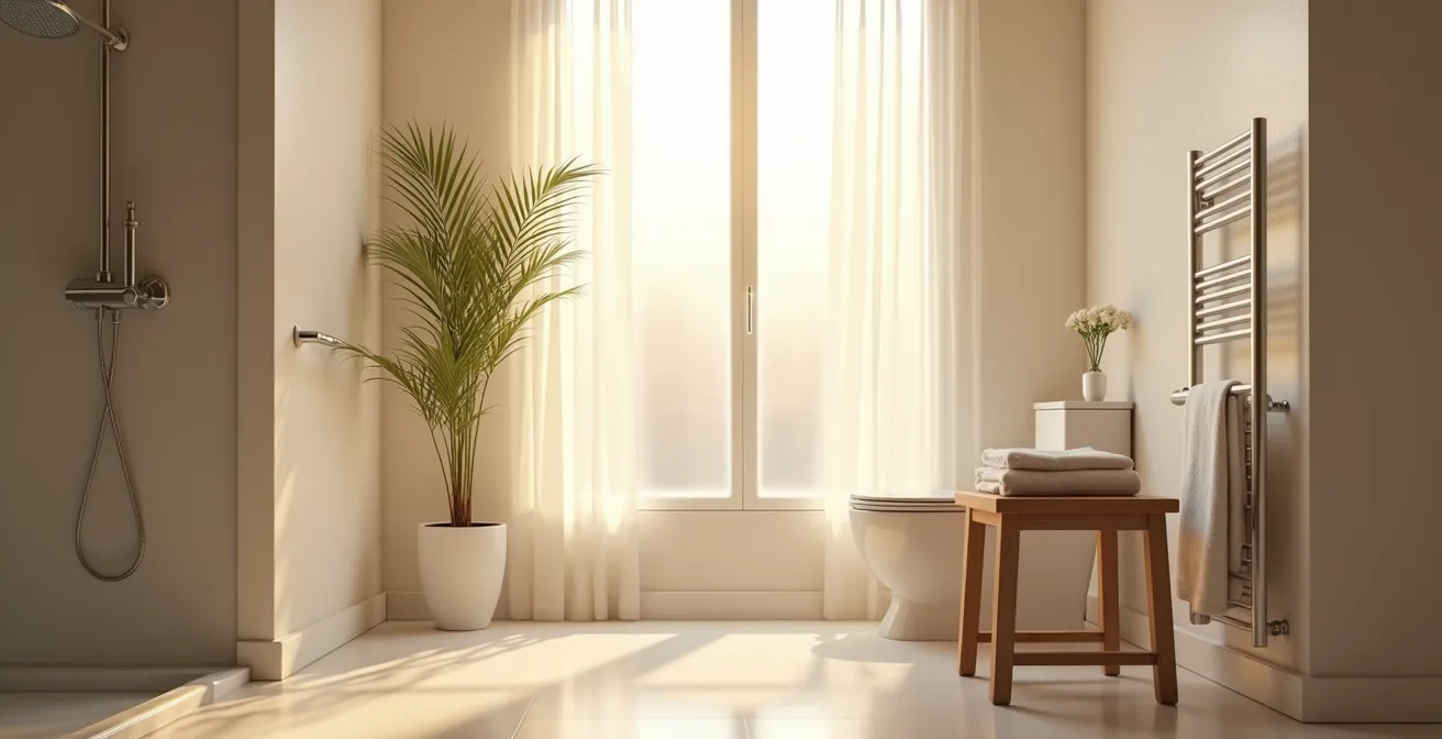 Salle de bain lumineuse avec équipements adaptés créant une ambiance spa relaxante