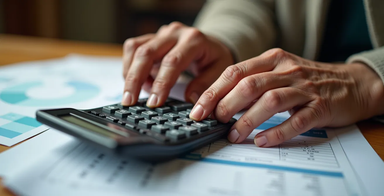 Personne âgée calculant son budget avec documents d'aides financières