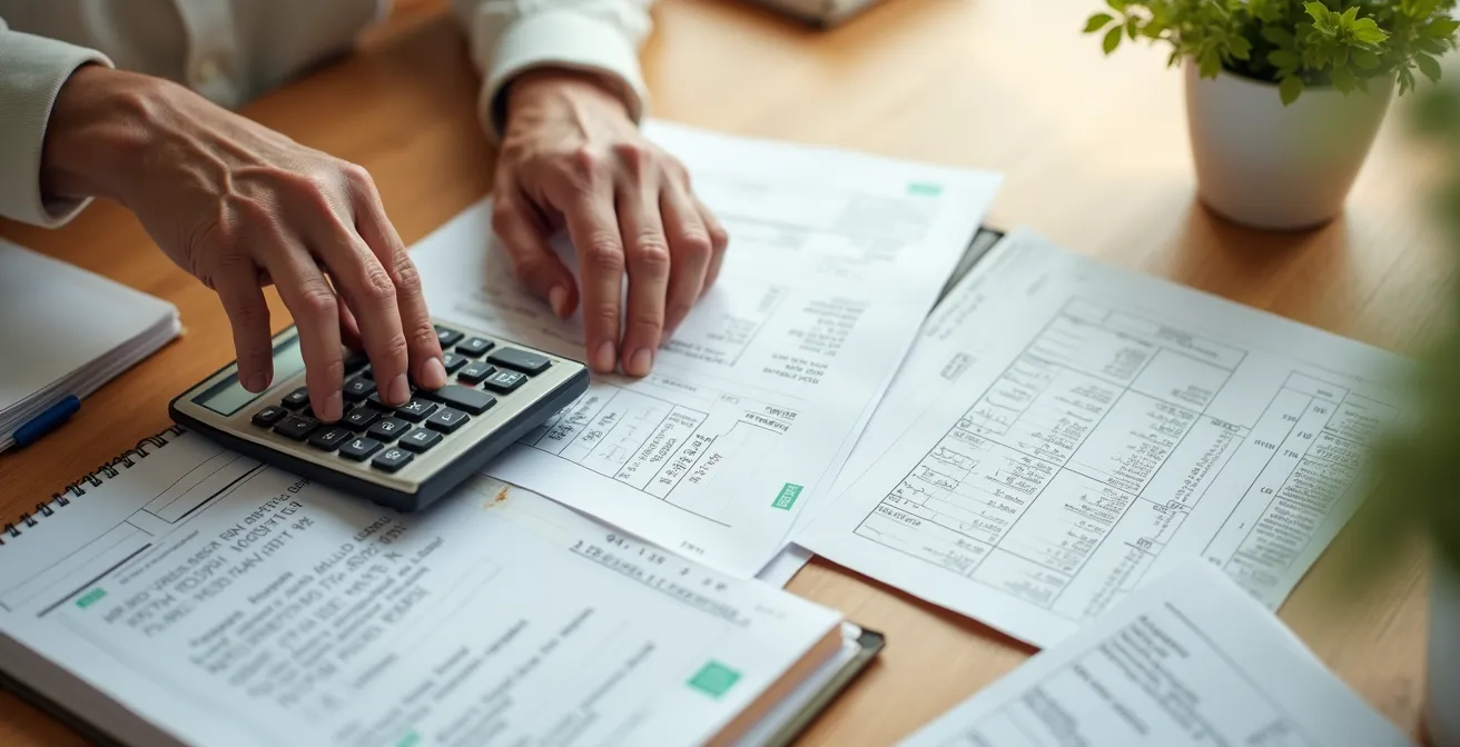 Personne âgée utilisant une calculatrice pour estimer ses frais de santé annuels avec des relevés médicaux