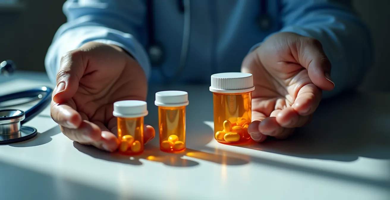 Médecin et patient senior en consultation discutant d'un plan de traitement, symbolisé par des flacons de médicaments