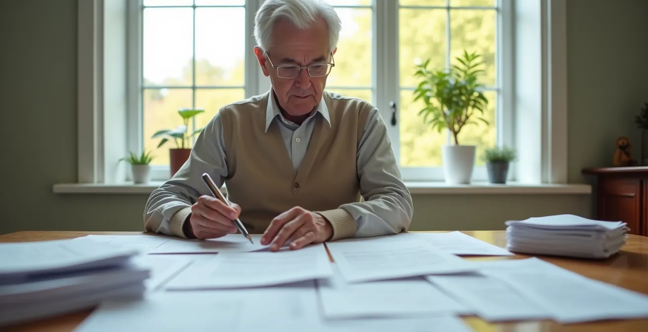 Personne senior organisant des documents administratifs sur une table