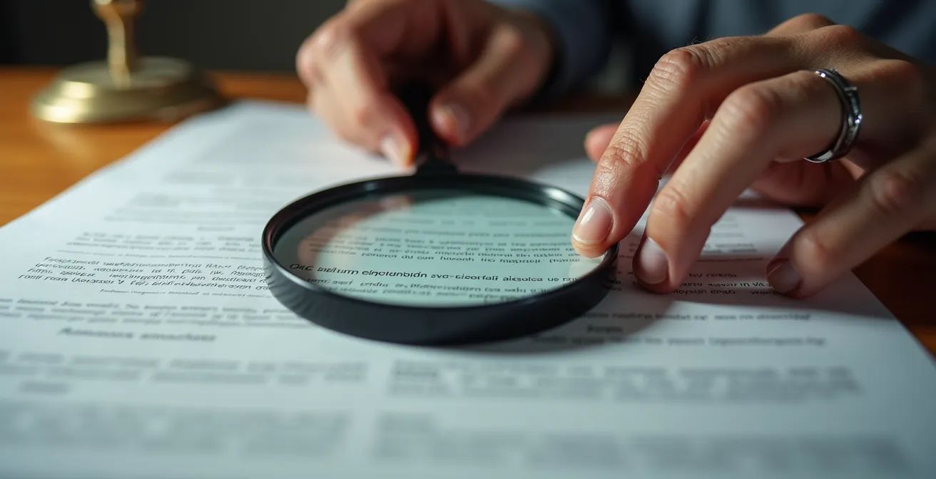 Personne senior examinant minutieusement un contrat avec une loupe à son bureau