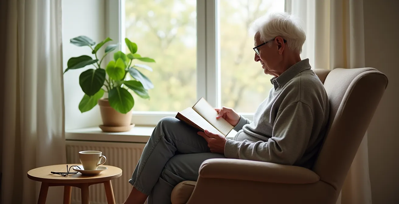 Personne âgée lisant un livre dans un fauteuil confortable près d'une fenêtre