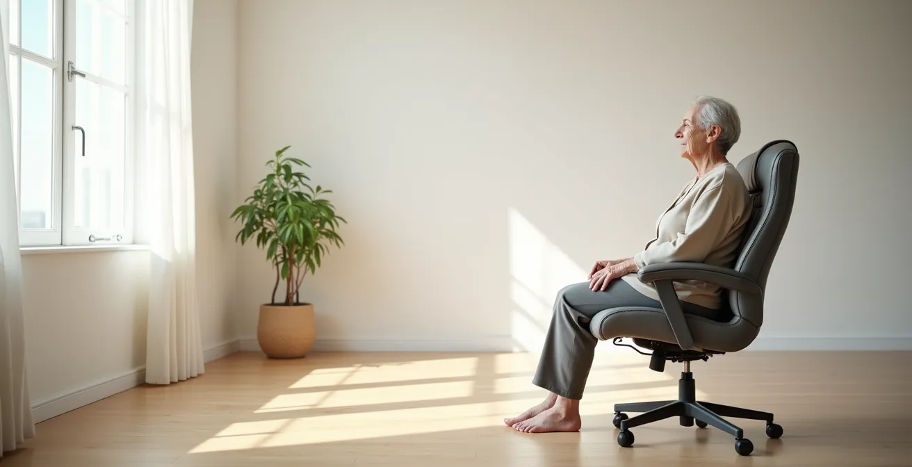 Senior en position de méditation confortable sur une chaise adaptée