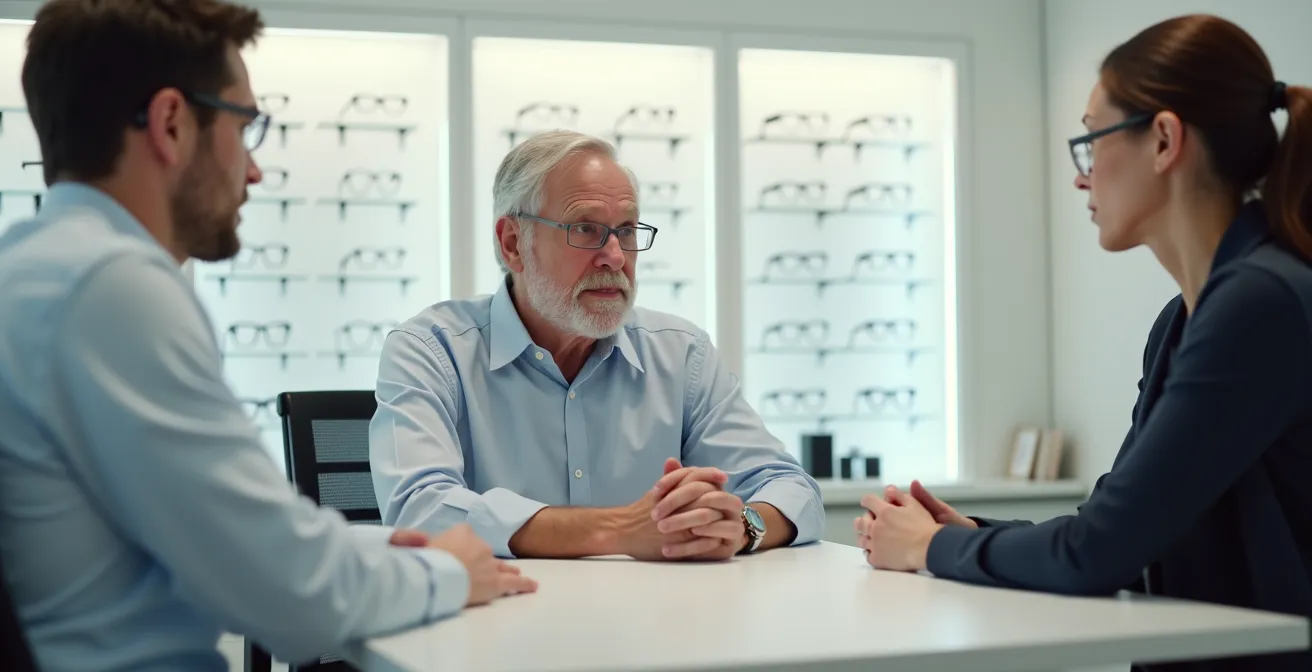 Senior consultant attentivement un devis détaillé avec son opticien dans un cadre professionnel