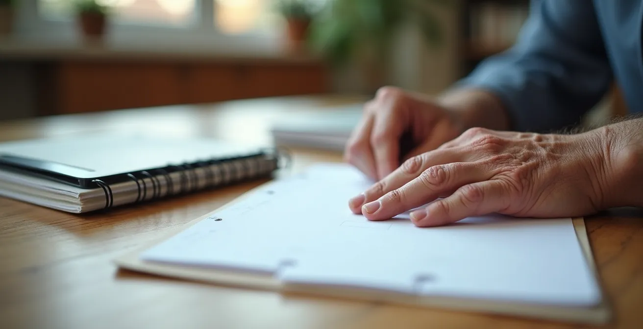 Mains d'une personne âgée organisant méthodiquement des documents sur une table