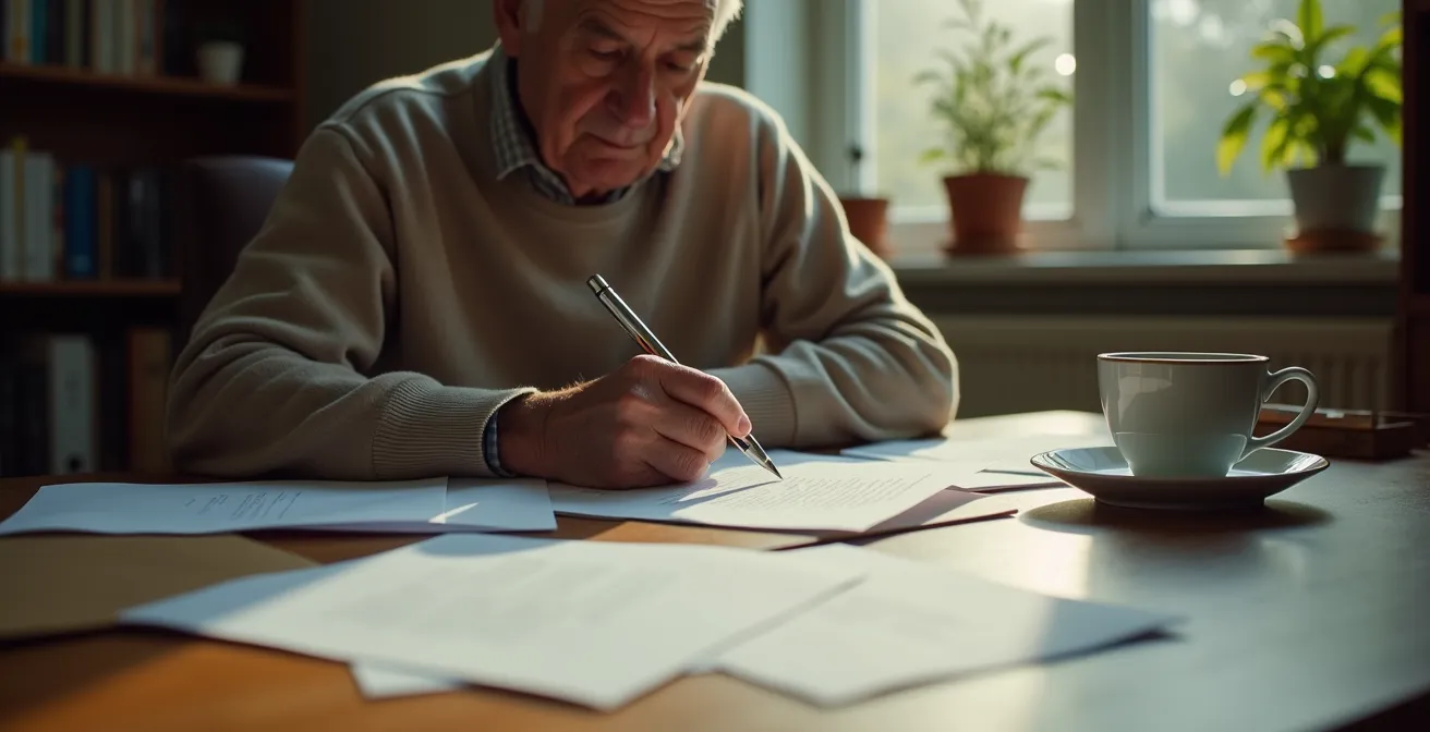 Personne âgée rédigeant soigneusement une lettre à son bureau avec des documents autour d'elle