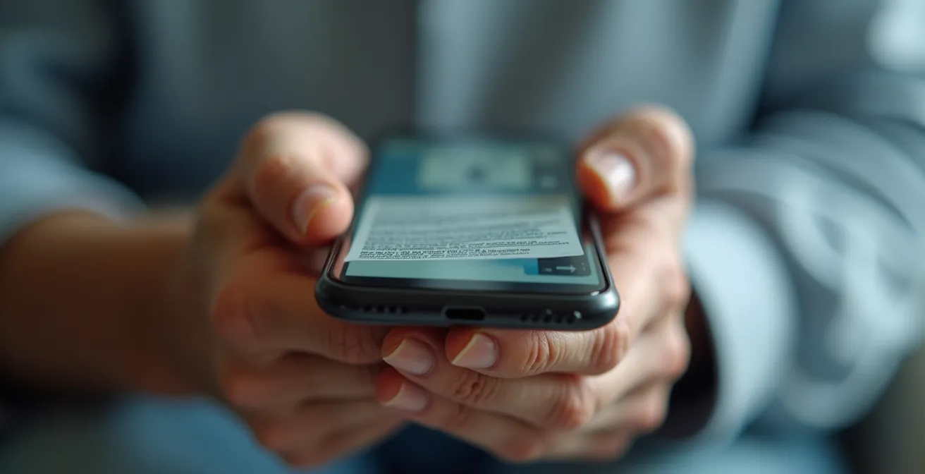 Main de senior photographiant un document médical avec un smartphone