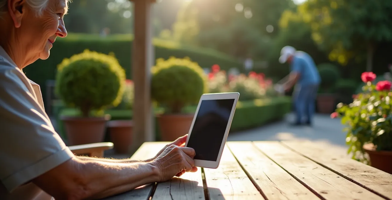 Personne âgée utilisant une tablette dans un jardin avec jardinier en arrière-plan