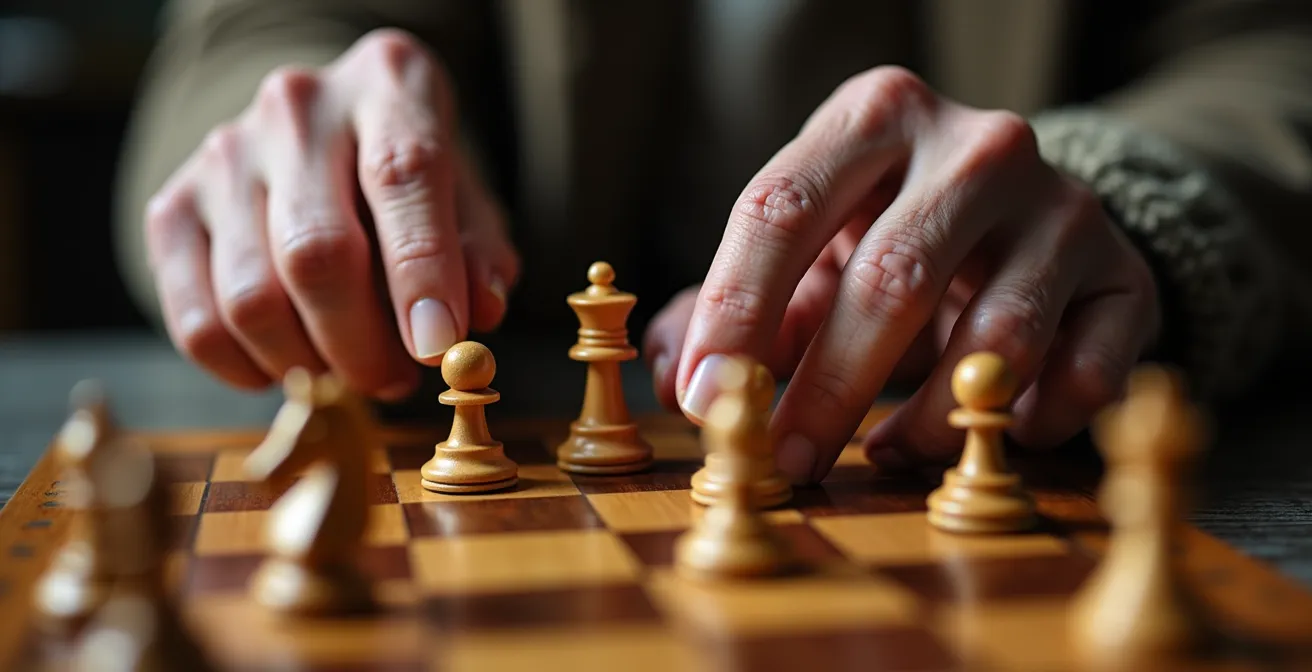 Gros plan sur les mains de seniors manipulant des pièces d'échecs avec concentration