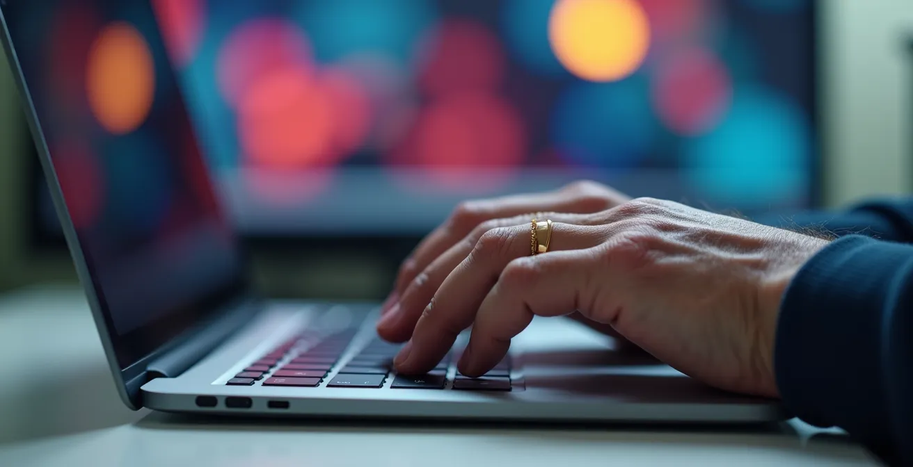 Mains tapant sur un clavier d'ordinateur portable avec écran flou en arrière-plan