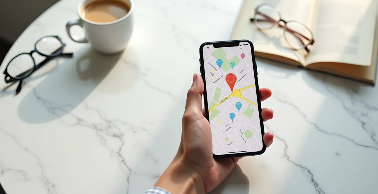 Main tenant un smartphone affichant une carte avec des marqueurs de géolocalisation